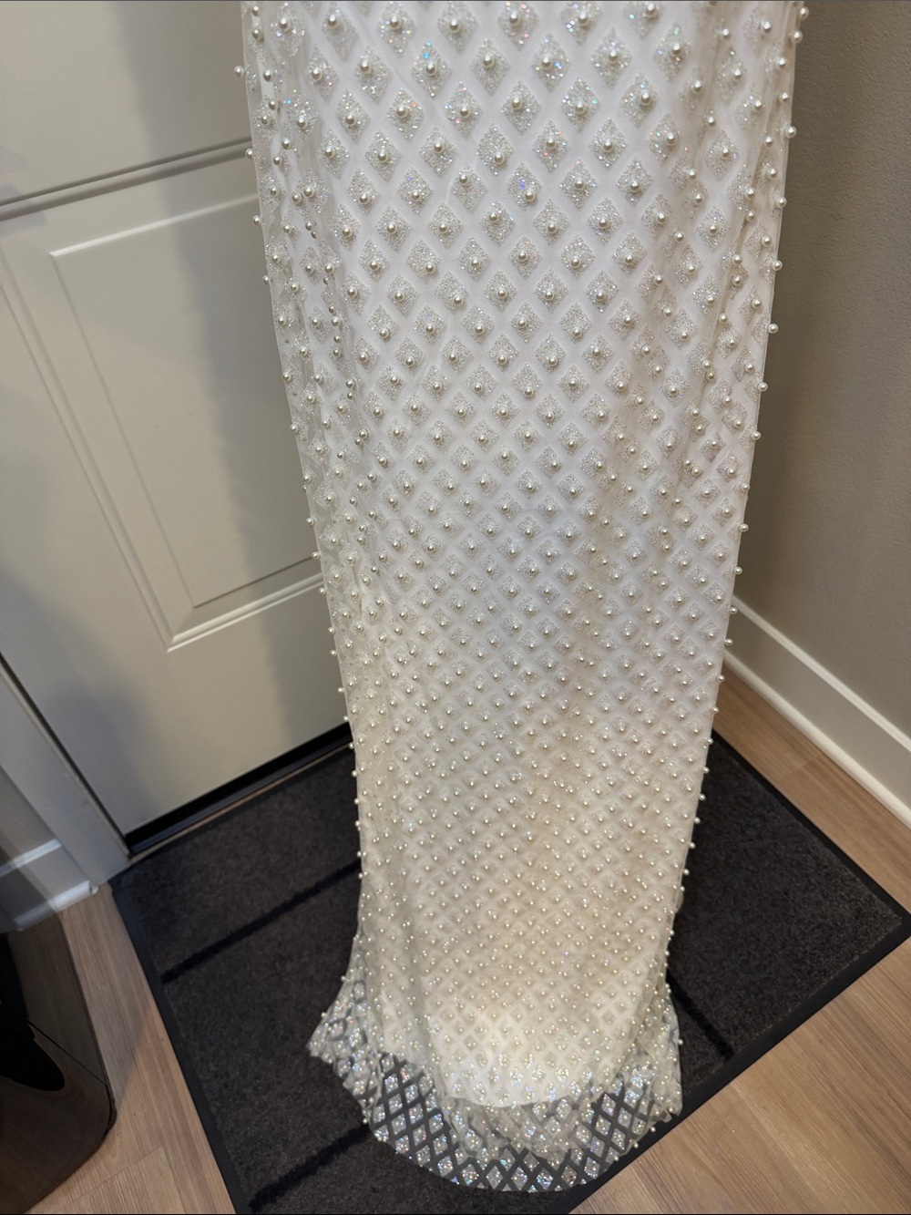B Darlin White Pearl-Embellished Strapless-Look Spaghetti Strap Gown - Picture 5 of 9